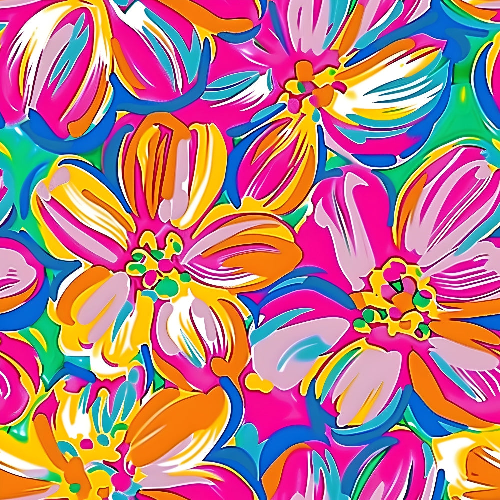 vibrant floral, hot pink, electric blue, bright orange, yellow petals, psychedelic flowers, groovy pattern, hippie style, retro design, tropical blooms, neon colors, abstract florals, sixties inspired, flower power,, fabric panel, bohemian motif, colorful petals, summer vibes