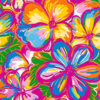 bright pink, orange, yellow, blue, green, tropical flowers, hibiscus blooms, groovy pattern, psychedelic design, retro style, 1960s inspired, hippie aesthetic, floral motif, vibrant colors,, fabric panel, summer vibes, colorful petals, abstract flowers, bohemian style