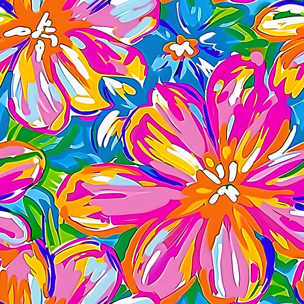 bright pink, orange, blue, yellow, green, psychedelic flowers, abstract florals, groovy pattern, hippie style, retro design, vibrant colors, swirling petals, mod flowers, 1960s inspired,, fabric panel, bold florals, rainbow colors, flower power, bohemian style