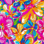 vibrant pink, electric blue, bright orange, turquoise, magenta, tropical flowers, hibiscus blooms, floral pattern, groovy style, retro design, psychedelic art, 1960s inspired, hippie aesthetic, colorful petals, abstract florals,, fabric panel, summer vibes, bohemian style, flower power