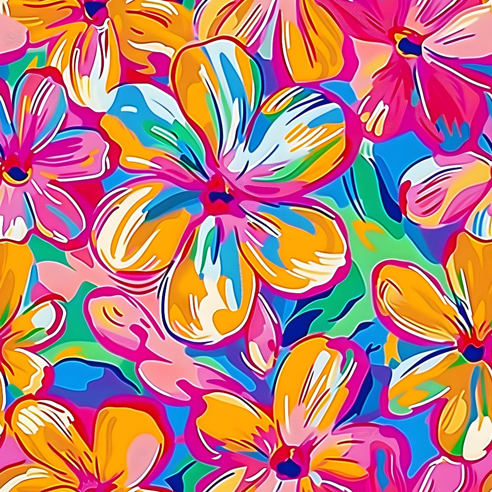 vibrant pink, electric orange, bright blue, lime green, tropical flowers, hibiscus blooms, groovy pattern, psychedelic design, retro style, 1960s aesthetic, flower power, hippie motif,, fabric panel, swirling petals, neon colors, summer vibes, floral repeat, abstract florals, bohemian print