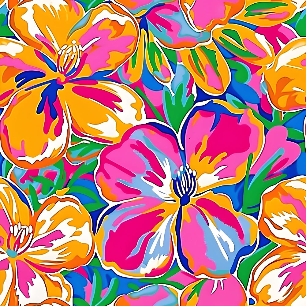 vibrant pink, bright orange, electric blue, lime green, white accents, tropical hibiscus, large blooms, floral pattern, groovy style, retro aesthetic, psychedelic colors, hawaiian motif, summer vibes,, fabric panel, overlapping flowers, tropical paradise, 1960s inspired, flower power, bohemian design