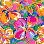 vibrant pink, bright orange, electric blue, lime green, white accents, tropical hibiscus, large blooms, floral pattern, groovy style, retro aesthetic, psychedelic colors, hawaiian motif, summer vibes,, fabric panel, overlapping flowers, tropical paradise, 1960s inspired, flower power, bohemian design