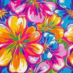 groovy, hippie, retro, psychedelic, vibrant flowers, tropical blooms, hot pink, bright orange, electric blue, yellow, purple, swirling petals, abstract florals, 1960s style, bohemian, peace era, colorful pattern,, fabric panel, summer vibes