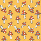 orange background, red mushrooms, white polka dots, toadstool pattern, groovy style, retro design, psychedelic motif, repeating pattern,, fabric panel, 1960s inspired, whimsical mushrooms, geometric spots, vintage aesthetic, funky design, nature motifs, golden yellow, coral red, cream stems