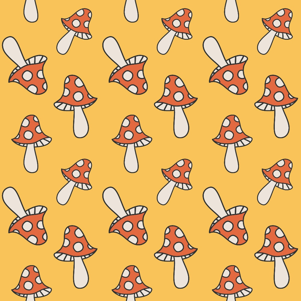 orange background, red mushrooms, white polka dots, toadstool pattern, groovy style, retro design, psychedelic motif, repeating pattern,, fabric panel, 1960s inspired, whimsical mushrooms, geometric spots, vintage aesthetic, funky design, nature motifs, golden yellow, coral red, cream stems