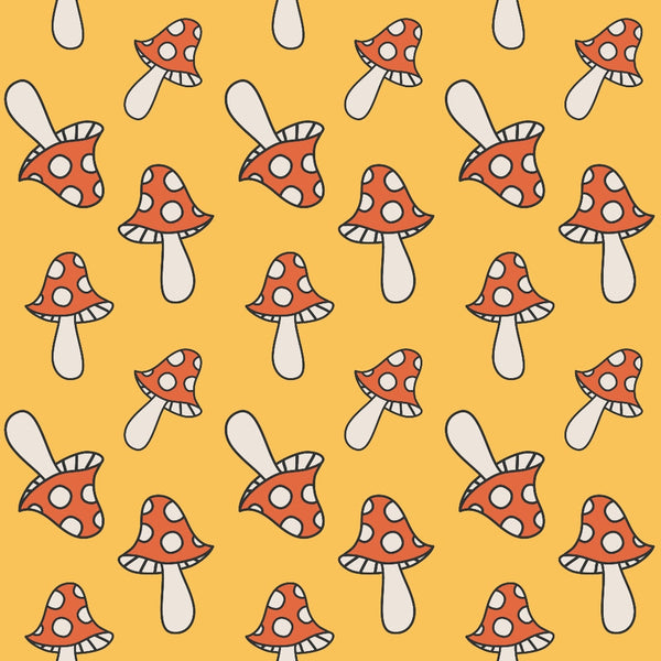 orange background, red mushrooms, white polka dots, toadstool pattern, groovy style, retro design, psychedelic motif, repeating pattern,, fabric panel, 1960s inspired, whimsical mushrooms, geometric spots, vintage aesthetic, funky design, nature motifs, golden yellow, coral red, cream stems