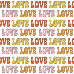 groovy, peace, love, retro, vintage, 1960s style, hippie, psychedelic, rainbow colors, orange, yellow, pink, coral, repeating pattern, text design, flower power, bohemian,, fabric panel, cheerful, bright colors, mod style