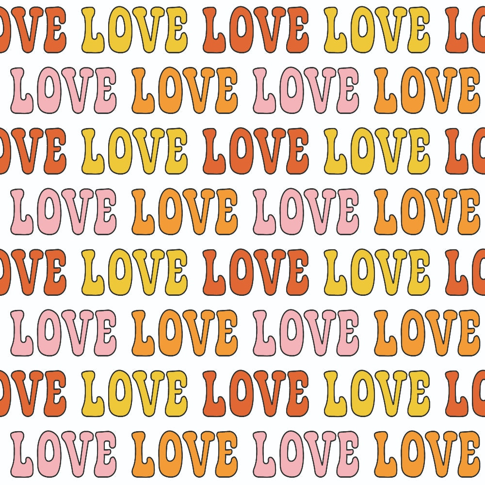 groovy, peace, love, retro, vintage, 1960s style, hippie, psychedelic, rainbow colors, orange, yellow, pink, coral, repeating pattern, text design, flower power, bohemian,, fabric panel, cheerful, bright colors, mod style