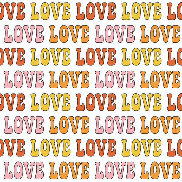 groovy, peace, love, retro, vintage, 1960s style, hippie, psychedelic, rainbow colors, orange, yellow, pink, coral, repeating pattern, text design, flower power, bohemian,, fabric panel, cheerful, bright colors, mod style