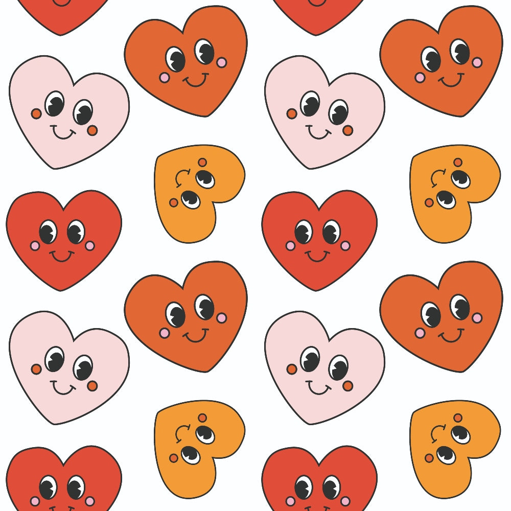 kawaii hearts, cute faces, pink hearts, red hearts, orange hearts, cartoon characters, smiling expressions, adorable design,, fabric panel, sweet pattern, cheerful mood, valentine theme, love motifs, whimsical style, playful design, romantic colors, craft fabric, sewing material, repeating pattern