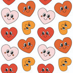 kawaii hearts, cute faces, pink hearts, red hearts, orange hearts, cartoon characters, smiling expressions, adorable design,, fabric panel, sweet pattern, cheerful mood, valentine theme, love motifs, whimsical style, playful design, romantic colors, craft fabric, sewing material, repeating pattern
