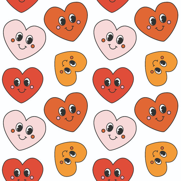 kawaii hearts, cute faces, pink hearts, red hearts, orange hearts, cartoon characters, smiling expressions, adorable design,, fabric panel, sweet pattern, cheerful mood, valentine theme, love motifs, whimsical style, playful design, romantic colors, craft fabric, sewing material, repeating pattern