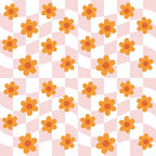 orange flowers, pink background, white accents, geometric pattern, retro flowers, 70s style, groovy design, daisy motifs, repeating pattern,, fabric panel, vintage aesthetic, floral design, warm colors, psychedelic style, mod flowers, decorative blooms, craft fabric, sewing material