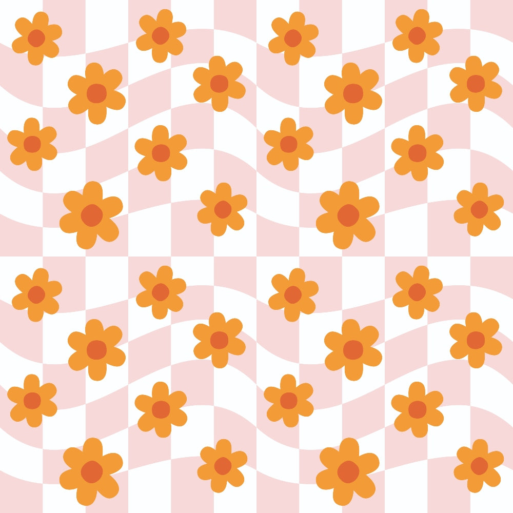 orange flowers, pink background, white accents, geometric pattern, retro flowers, 70s style, groovy design, daisy motifs, repeating pattern,, fabric panel, vintage aesthetic, floral design, warm colors, psychedelic style, mod flowers, decorative blooms, craft fabric, sewing material