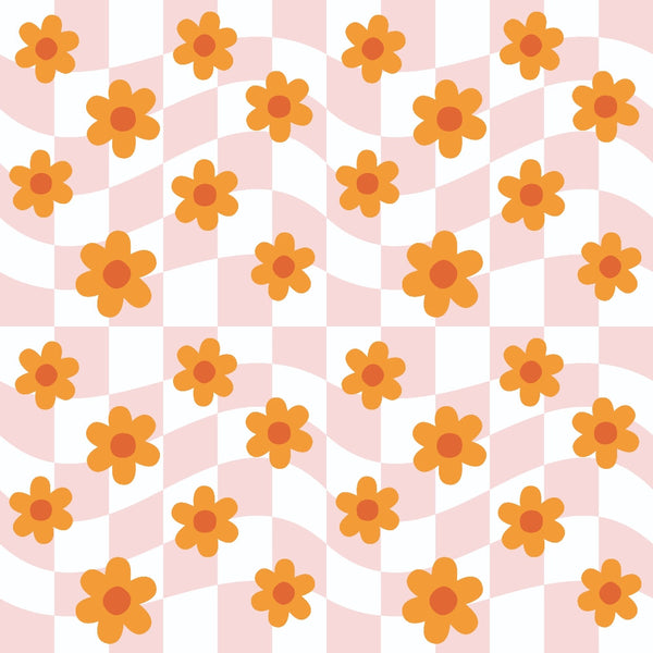 orange flowers, pink background, white accents, geometric pattern, retro flowers, 70s style, groovy design, daisy motifs, repeating pattern,, fabric panel, vintage aesthetic, floral design, warm colors, psychedelic style, mod flowers, decorative blooms, craft fabric, sewing material
