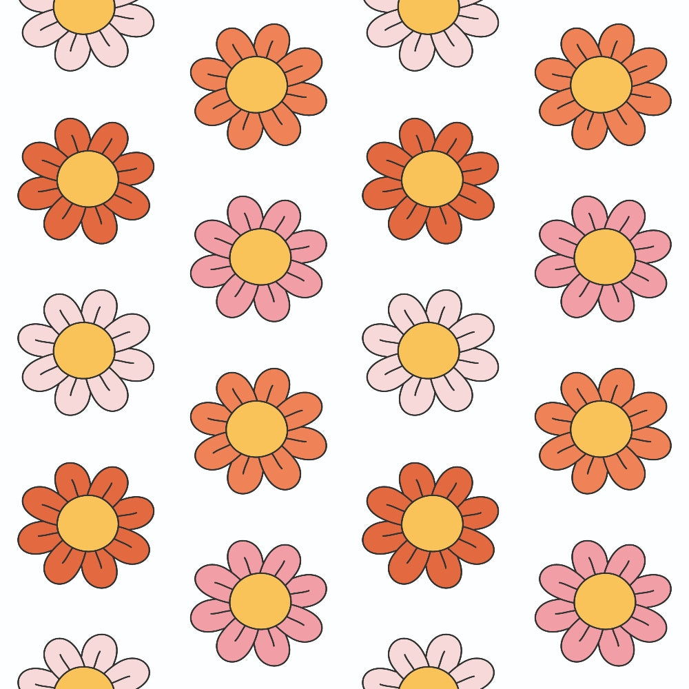 orange flowers, pink flowers, pale pink flowers, yellow centers, daisy motifs, floral pattern, groovy style, retro design, repeating pattern,, fabric panel, 1960s inspired, flower power, peace love theme, coral petals, soft pastels, geometric florals, hippie aesthetic, cotton fabric, crafting material