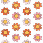 orange flowers, pink flowers, pale pink flowers, yellow centers, daisy motifs, floral pattern, groovy style, retro design, repeating pattern,, fabric panel, 1960s inspired, flower power, peace love theme, coral petals, soft pastels, geometric florals, hippie aesthetic, cotton fabric, crafting material