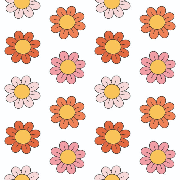 orange flowers, pink flowers, pale pink flowers, yellow centers, daisy motifs, floral pattern, groovy style, retro design, repeating pattern,, fabric panel, 1960s inspired, flower power, peace love theme, coral petals, soft pastels, geometric florals, hippie aesthetic, cotton fabric, crafting material