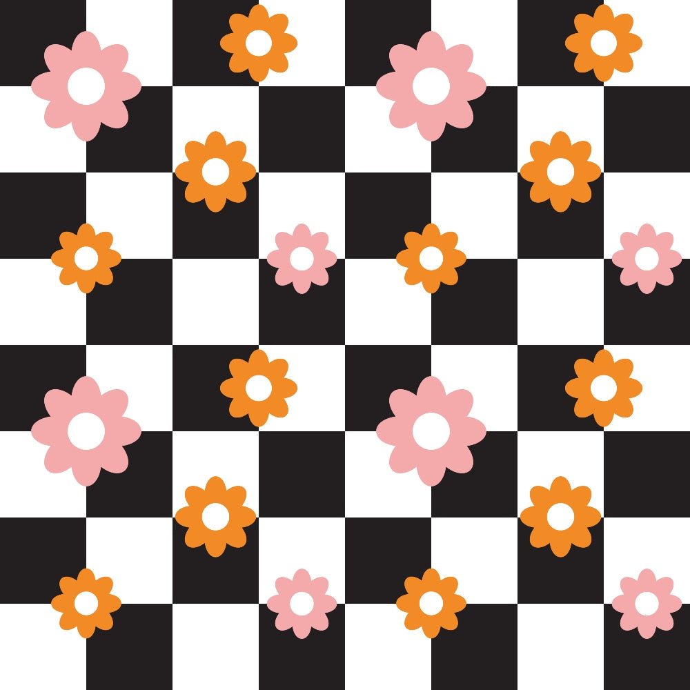pink, orange, white, black, checkerboard pattern, daisy flowers, floral motif, retro style, groovy design, peace and love theme,, fabric panel, alternating squares, flower power, 1960s inspired, hippie aesthetic, geometric background, cotton fabric, crafting material