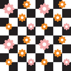 pink, orange, white, black, checkerboard pattern, daisy flowers, floral motif, retro style, groovy design, peace and love theme,, fabric panel, alternating squares, flower power, 1960s inspired, hippie aesthetic, geometric background, cotton fabric, crafting material