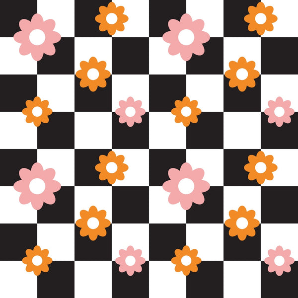 pink, orange, white, black, checkerboard pattern, daisy flowers, floral motif, retro style, groovy design, peace and love theme,, fabric panel, alternating squares, flower power, 1960s inspired, hippie aesthetic, geometric background, cotton fabric, crafting material