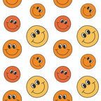 orange, yellow, red, smiley faces, happy faces, groovy, retro, 1970s style, peace, love, cheerful, bright colors, repeating pattern,, fabric panel, warm tones, circular motifs, vintage vibes, uplifting mood, crafting material