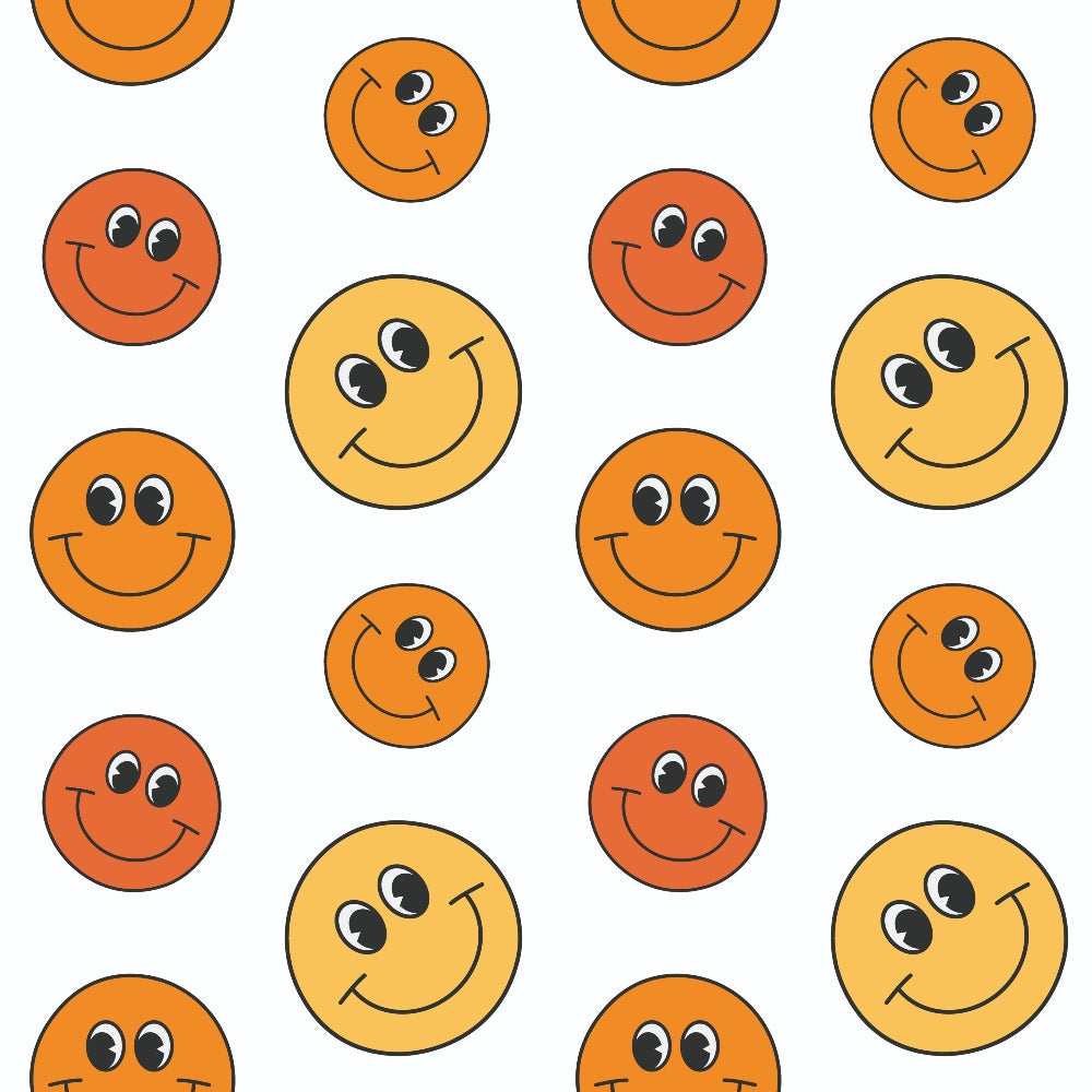 orange, yellow, red, smiley faces, happy faces, groovy, retro, 1970s style, peace, love, cheerful, bright colors, repeating pattern,, fabric panel, warm tones, circular motifs, vintage vibes, uplifting mood, crafting material
