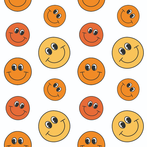 orange, yellow, red, smiley faces, happy faces, groovy, retro, 1970s style, peace, love, cheerful, bright colors, repeating pattern,, fabric panel, warm tones, circular motifs, vintage vibes, uplifting mood, crafting material