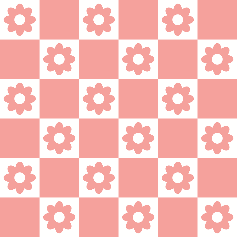 coral pink, white, checkered pattern, flower motifs, daisy design, groovy style, retro aesthetic, peace and love theme,, fabric panel, alternating squares, floral elements, 1960s inspired, hippie vibes, soft pastels, geometric layout, crafting material, patchwork design, vintage feel