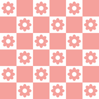 coral pink, white, checkered pattern, flower motifs, daisy design, groovy style, retro aesthetic, peace and love theme,, fabric panel, alternating squares, floral elements, 1960s inspired, hippie vibes, soft pastels, geometric layout, crafting material, patchwork design, vintage feel