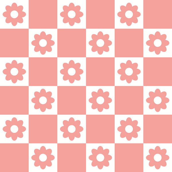 coral pink, white, checkered pattern, flower motifs, daisy design, groovy style, retro aesthetic, peace and love theme,, fabric panel, alternating squares, floral elements, 1960s inspired, hippie vibes, soft pastels, geometric layout, crafting material, patchwork design, vintage feel