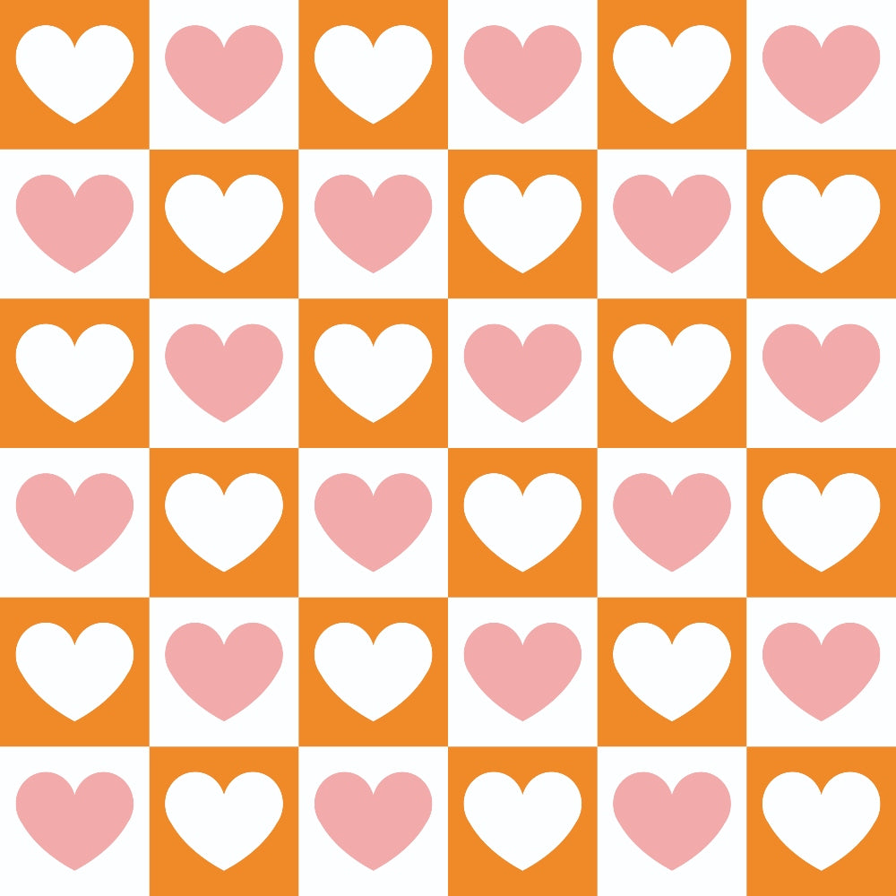 orange, white, pink, hearts, checkerboard pattern, alternating squares, geometric design, love theme, romantic motifs,, fabric panel, retro style, groovy aesthetic, peace and love, valentine theme, craft fabric, sewing material, repeating pattern, bright colors