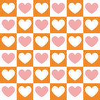 orange, white, pink, hearts, checkerboard pattern, alternating squares, geometric design, love theme, romantic motifs,, fabric panel, retro style, groovy aesthetic, peace and love, valentine theme, craft fabric, sewing material, repeating pattern, bright colors