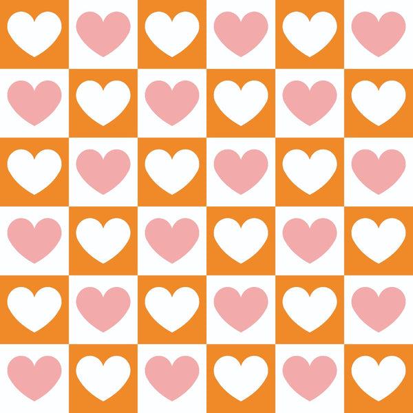 orange, white, pink, hearts, checkerboard pattern, alternating squares, geometric design, love theme, romantic motifs,, fabric panel, retro style, groovy aesthetic, peace and love, valentine theme, craft fabric, sewing material, repeating pattern, bright colors