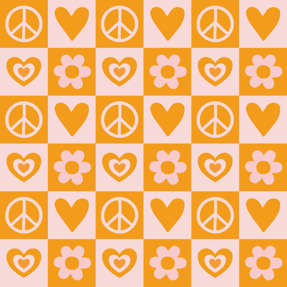 orange, pink, peace signs, hearts, flowers, groovy, retro, 1960s style, checkerboard pattern, alternating squares, hippie, love symbols, floral motifs, psychedelic, vintage inspired,, fabric panel, geometric layout, mod style, flower power
