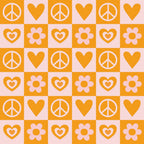 orange, pink, peace signs, hearts, flowers, groovy, retro, 1960s style, checkerboard pattern, alternating squares, hippie, love symbols, floral motifs, psychedelic, vintage inspired,, fabric panel, geometric layout, mod style, flower power