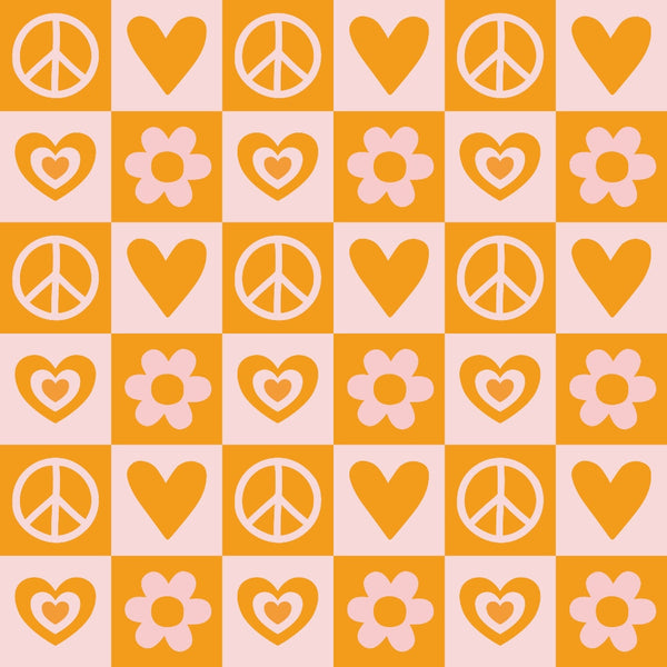 orange, pink, peace signs, hearts, flowers, groovy, retro, 1960s style, checkerboard pattern, alternating squares, hippie, love symbols, floral motifs, psychedelic, vintage inspired,, fabric panel, geometric layout, mod style, flower power