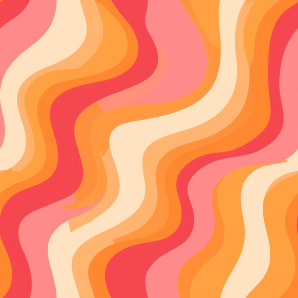 coral, pink, orange, cream, wavy stripes, flowing lines, retro waves, groovy pattern, 1970s style, psychedelic design, abstract waves, warm palette, undulating curves, mod design, vintage inspired,, fabric panel, geometric waves, sunset colors, bohemian style