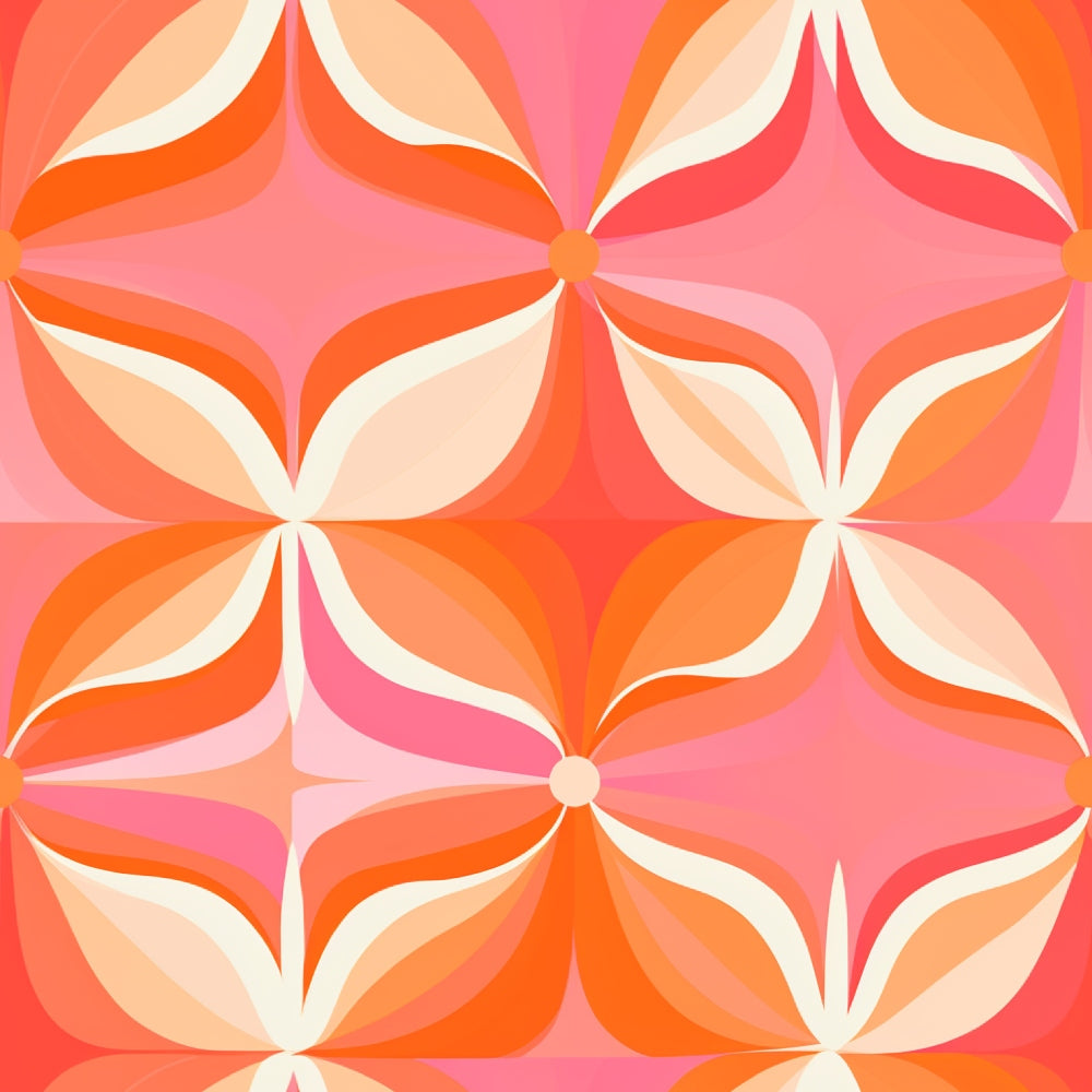 coral pink, orange, peach, cream, white, retro geometric, flower petals, radiating design, groovy pattern, 1960s style, mod design,, fabric panel, psychedelic, starburst motif, overlapping circles, vintage inspired, bright colors, repeating pattern, mid-century modern