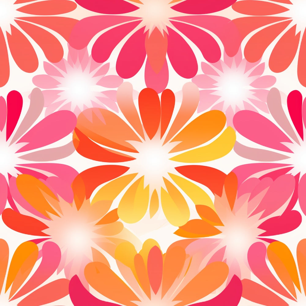 pink, coral, orange, yellow, groovy, retro, floral, daisy, flower petals, radiating pattern, warm colors, gradient, psychedelic, 1960s style, mod,, fabric panel, vibrant, summer, blooming flowers, kaleidoscope effect