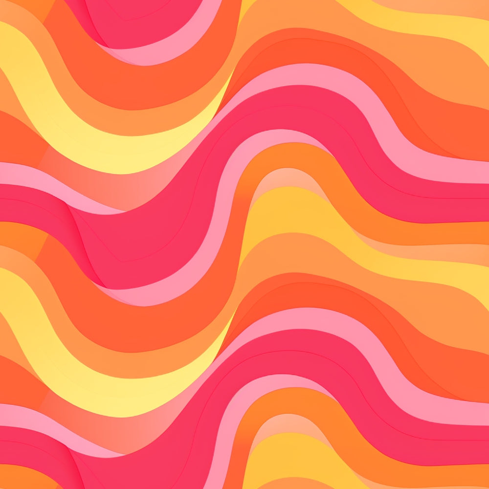 hot pink, coral, orange, yellow, pale pink, wavy stripes, flowing curves, groovy pattern, retro design, psychedelic waves, 1970s style, vintage aesthetic,, fabric panel, swirling lines, undulating bands, rainbow waves, mod design, bohemian style, vibrant colors