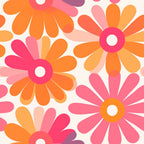 groovy, retro, pink, orange, coral, peach, floral, daisy flowers, mod style, 1960s inspired, psychedelic, vibrant, cheerful, large scale print,, fabric panel, flower power, geometric florals, summer vibes, bright colors