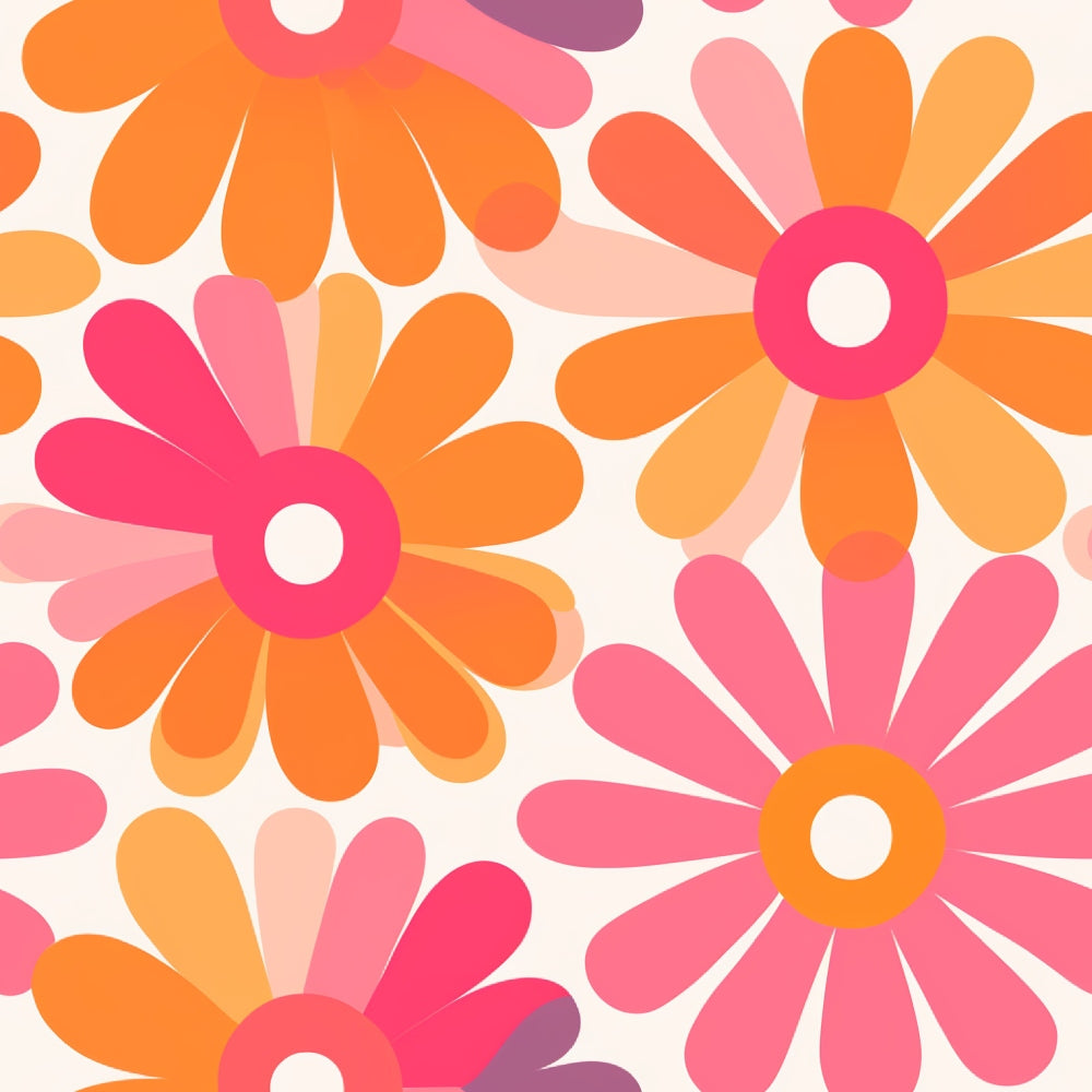 groovy, retro, pink, orange, coral, peach, floral, daisy flowers, mod style, 1960s inspired, psychedelic, vibrant, cheerful, large scale print,, fabric panel, flower power, geometric florals, summer vibes, bright colors