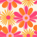 pink, orange, yellow, cream, groovy flowers, retro daisies, mod floral, layered petals, overlapping blooms,, fabric panel, 1960s style, psychedelic, flower power, bright colors, geometric petals, cheerful, vibrant, retro pattern, mod design