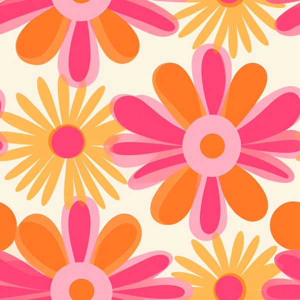 pink, orange, yellow, cream, groovy flowers, retro daisies, mod floral, layered petals, overlapping blooms,, fabric panel, 1960s style, psychedelic, flower power, bright colors, geometric petals, cheerful, vibrant, retro pattern, mod design