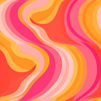 groovy, retro, psychedelic, wavy lines, flowing curves, pink, coral, orange, yellow, peach, magenta, hot pink, abstract waves, 1970s style, mod design, swirling pattern, vibrant colors,, fabric panel, geometric waves, rainbow stripes