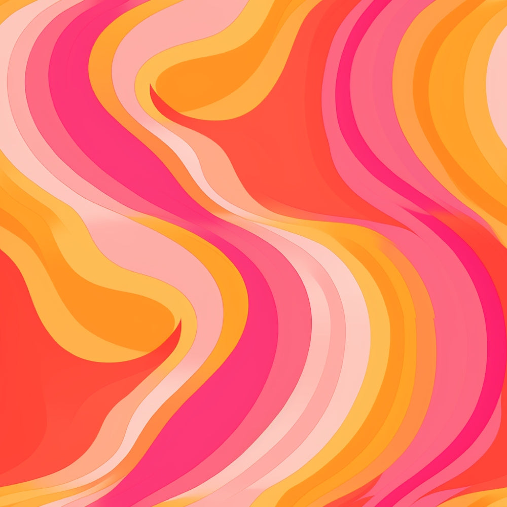 groovy, retro, psychedelic, wavy lines, flowing curves, pink, coral, orange, yellow, peach, magenta, hot pink, abstract waves, 1970s style, mod design, swirling pattern, vibrant colors,, fabric panel, geometric waves, rainbow stripes