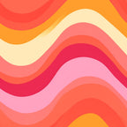 groovy, retro waves, pink tones, coral, orange, yellow, cream, magenta, flowing curves, wavy stripes, 1970s style, psychedelic, abstract pattern, rainbow waves,, fabric panel, bohemian, mod design, undulating lines, sunset colors