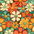 retro floral, groovy flowers, spring blooms, orange petals, teal background, cream flowers, red blossoms, yellow centers, vintage style, 1970s inspired, mod florals,, fabric panel, daisy motifs, overlapping flowers, warm colors, cool mint, seamless pattern, bohemian vibe, flower power